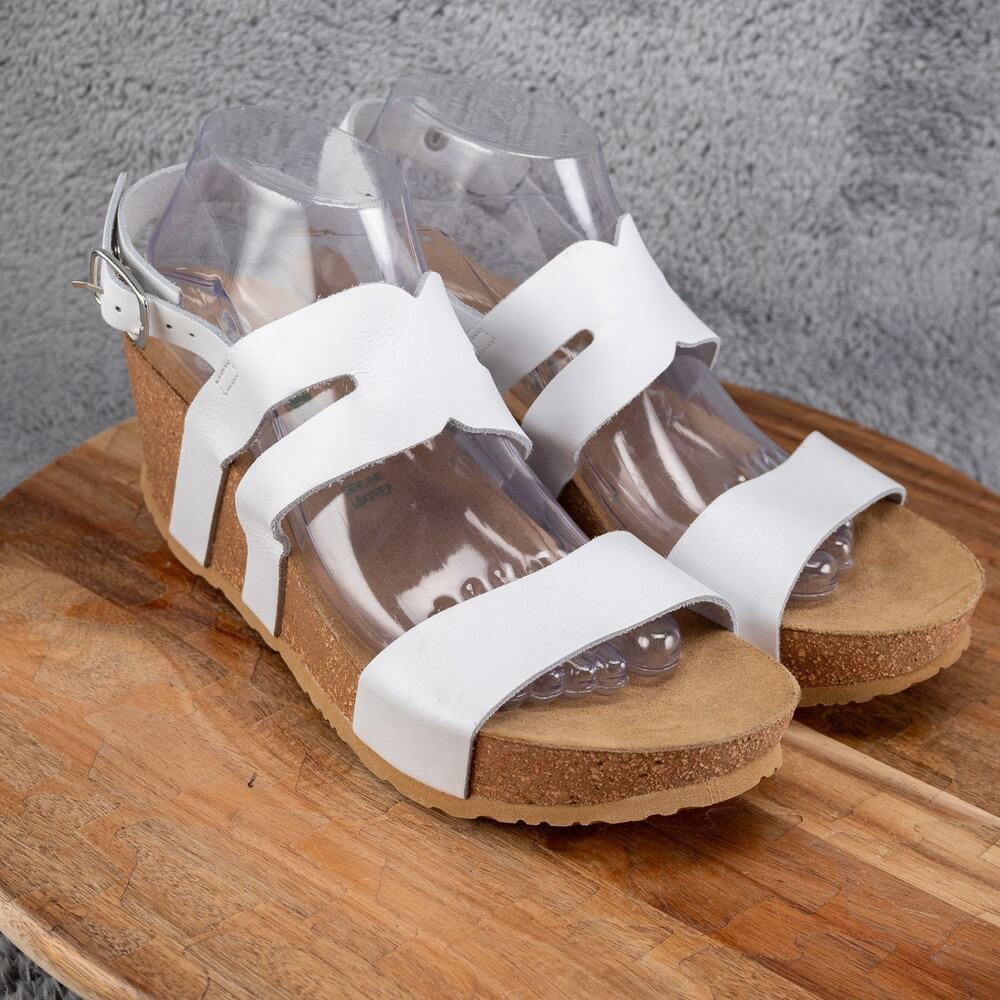 Bionatura‎ Wedge Sandals in White Leather Buckle Strap Size 9.5